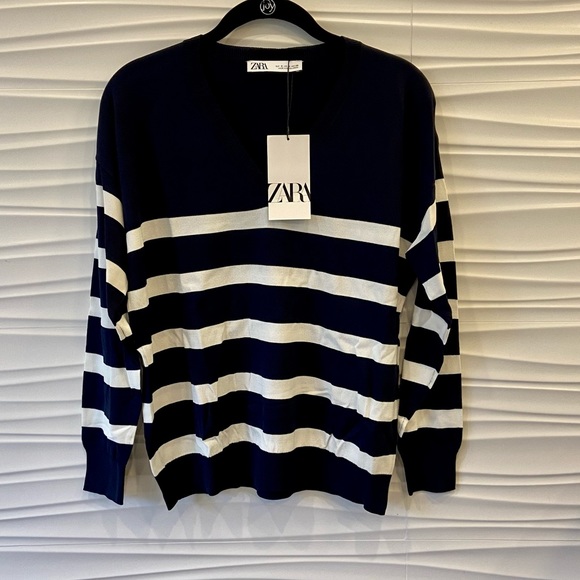 NWT Zara Minimalist RARE Preppy Long Sleeve Striped V-Neck Sweater - Picture 9 of 15